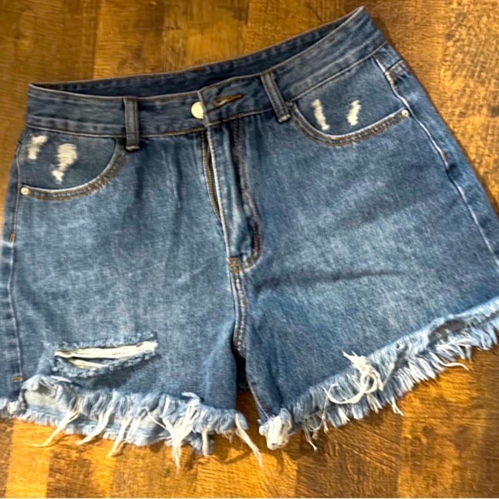 Shein high waisted frayed distressed denim jean shorts - dark wash - size 30